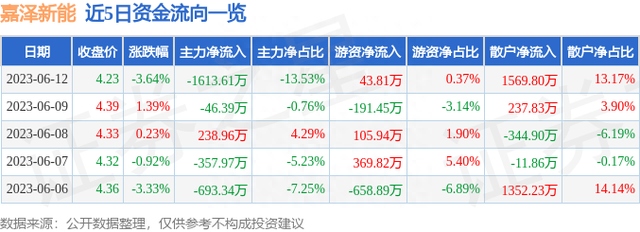 嘉泽新能（601619）6月12日主力资金净卖出1613.61万元