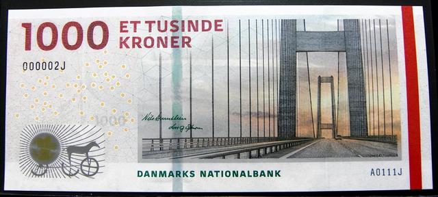 丹麦1000克朗纸币 大布雷特大桥和青铜器太阳战车