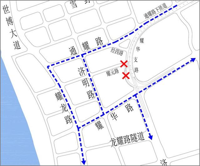 「出行提示」12月15日（本周六）零时起济阳路施工，卢浦大桥耀华路下匝道封闭！途径车辆可改走通耀路、济明路、耀华路绕行！