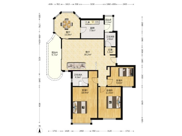 北蔡锦绣华城十二街区大三房！总价低！昌邑小学！130M²1120万